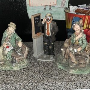 Vintage Ceramic Clown & Old Man & Old Woman Sitting On Benches
